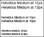 Samples of Helvetica font at 12px, 10px and 8px shown as aliased and anti-aliased