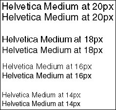 Samples of Helvetica font at 20px, 18px and 16px shown as aliased and anti-aliased